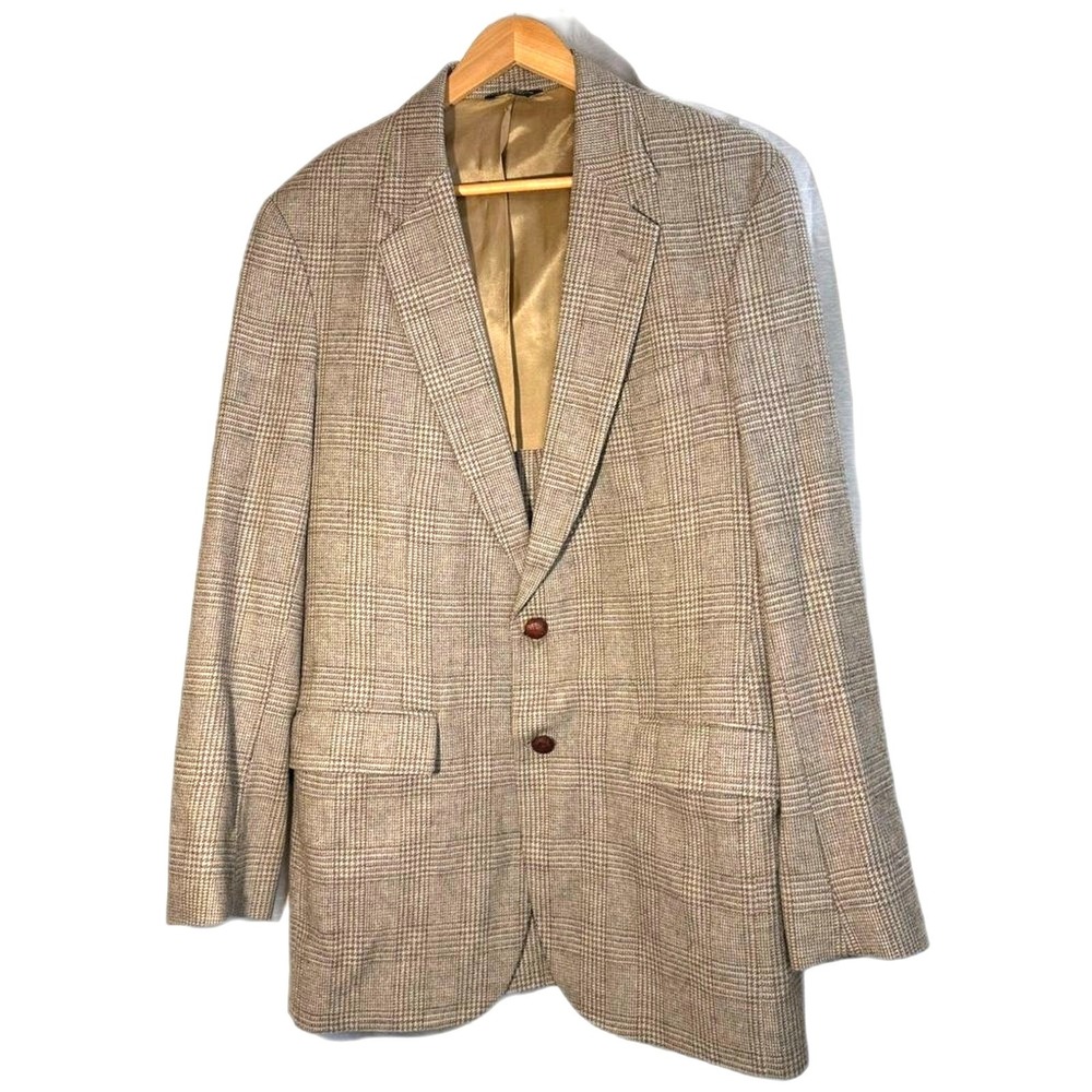 Savile Row Classic Tan Windowpane Plaid Men's wool Blazer 44S‎